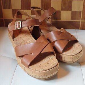 Korks Leather Cork Wedge Platform Sandals 9